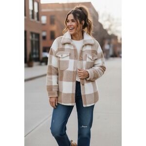 Bernardo Beige Check Sherpa Faux Fur Button Down Jacket Shacket Coat Size XL